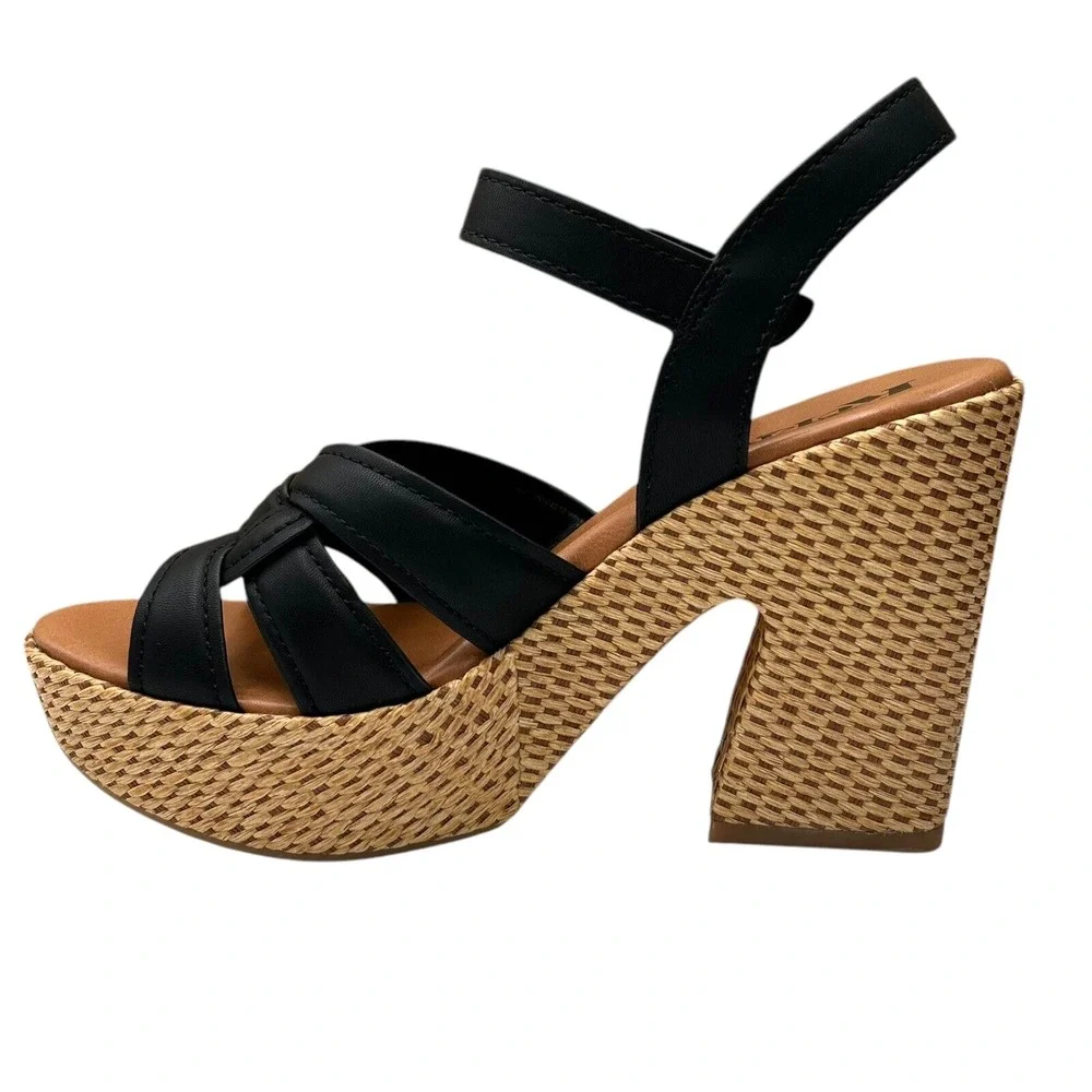 KORKS Dee Womens Wedge‎ Platform Sandal Size 8 Black/Tan Faux-leather Block Heel